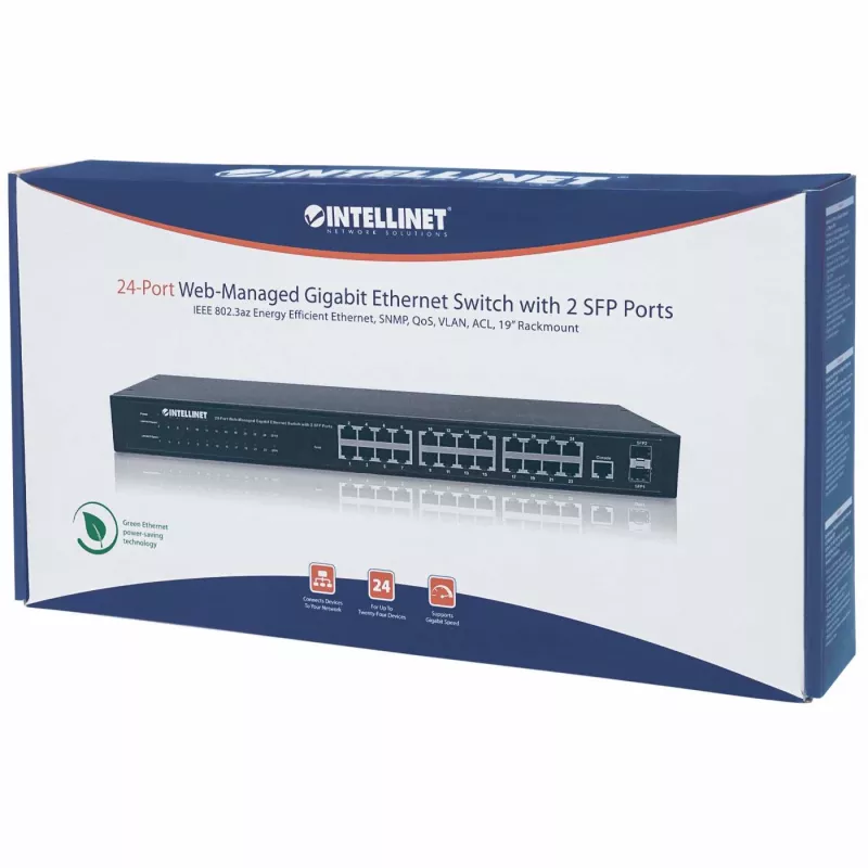 Intellinet 24-pordiline võrgulüliti, 24 porti (RJ45), raami paigaldatav, Gigabit, 4 SFP, Etherneti veebi-nutikas, 10/100/1000 Mbit
