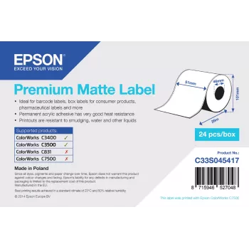 Epson Premium Matte Label - Continuous Roll: 51mm x 35m, Matte, 163 g/m², 1 tk, 118 mm, 108 mm, 59 mm