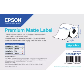 Epson Premium Matte Label - Pidevrull: 105 mm x 35 m, valge, isekleepuv printerisilt, pidevsilt, akrüül, püsiv, matt