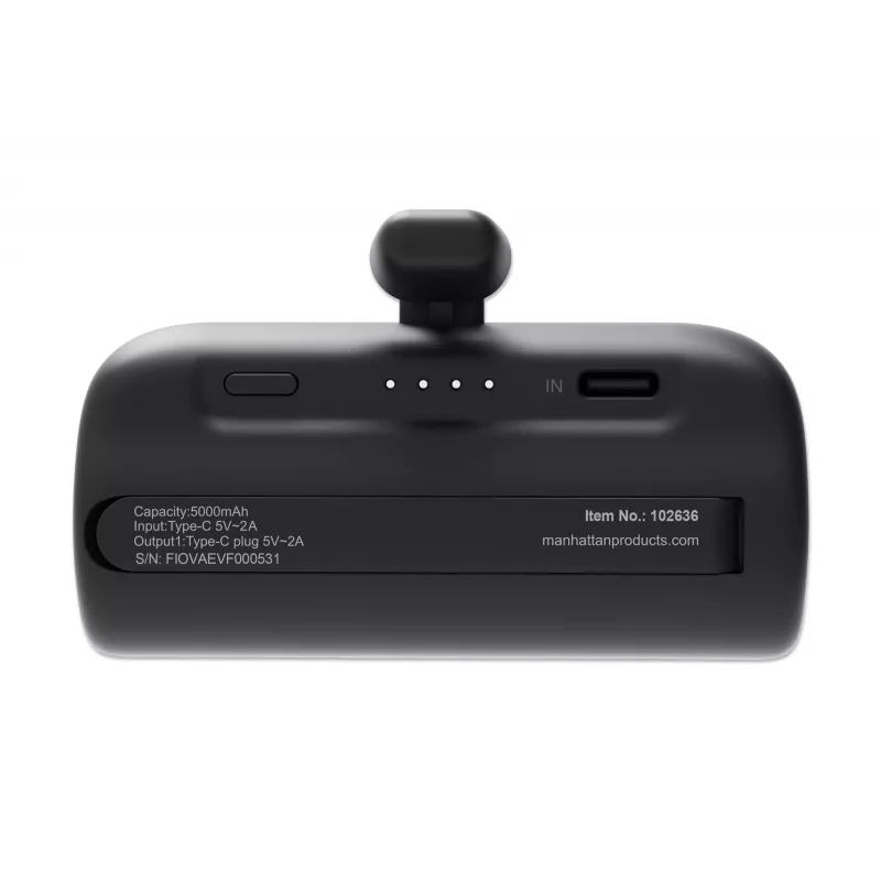 Manhattan akupank integreeritud USB-C pistikuga, 5000 mAh, kuni 10 W väljundvõimsus, tugijalg kasutamiseks laadimistelefonihoidikuna, must, üheaastane garantii
