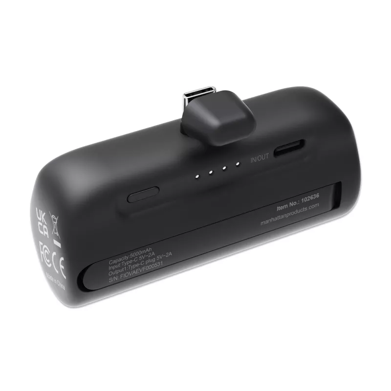 Manhattan akupank integreeritud USB-C pistikuga, 5000 mAh, kuni 10 W väljundvõimsus, tugijalg kasutamiseks laadimistelefonihoidikuna, must, üheaastane garantii