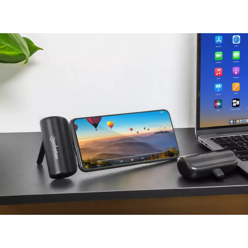 Manhattan akupank integreeritud USB-C pistikuga, 5000 mAh, kuni 10 W väljundvõimsus, tugijalg kasutamiseks laadimistelefonihoidikuna, must, üheaastane garantii