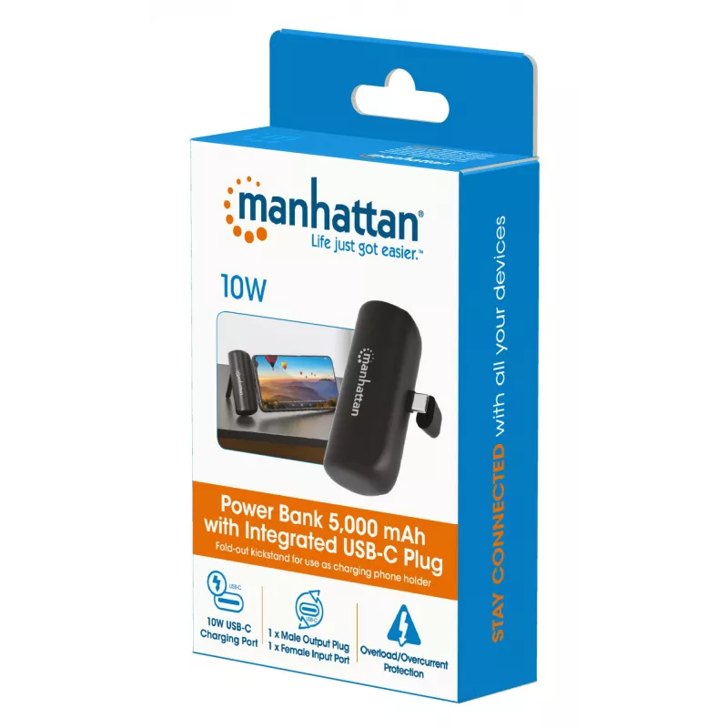 Manhattan akupank integreeritud USB-C pistikuga, 5000 mAh, kuni 10 W väljundvõimsus, tugijalg kasutamiseks laadimistelefonihoidikuna, must, üheaastane garantii