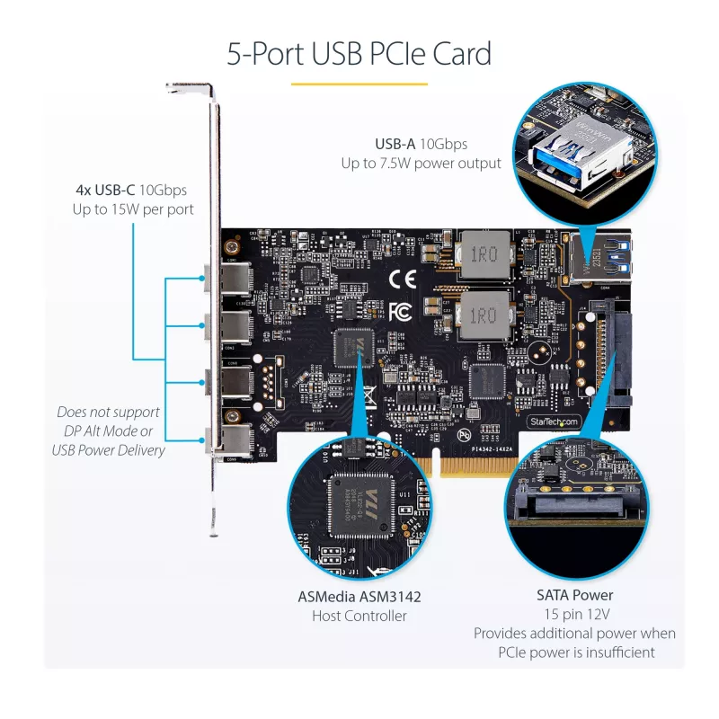 StarTech.com 5-pordiline USB PCIe-kaart, USB 3.2 10 Gbps, PCI Express kaart 4x USB-C pordi ja 1x USB-A sisemise pordiga, USB PCIe-kontrollerkaart, Windows/macOS/Linux