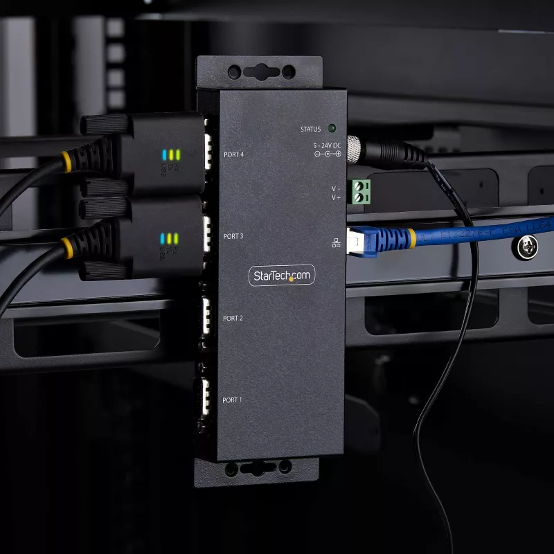 StarTech.com 4-pordiline jadaliides Etherneti adapter, IP jadaseadme server kaug-RS232 seadmetele, seinale/DIN-liistule kinnitatav, metallkorpuses, RJ45 LAN DB9 jadamuundur