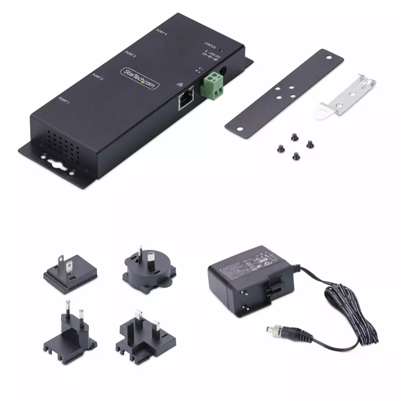 StarTech.com 4-pordiline jadaliides Etherneti adapter, IP jadaseadme server kaug-RS232 seadmetele, seinale/DIN-liistule kinnitatav, metallkorpuses, RJ45 LAN DB9 jadamuundur