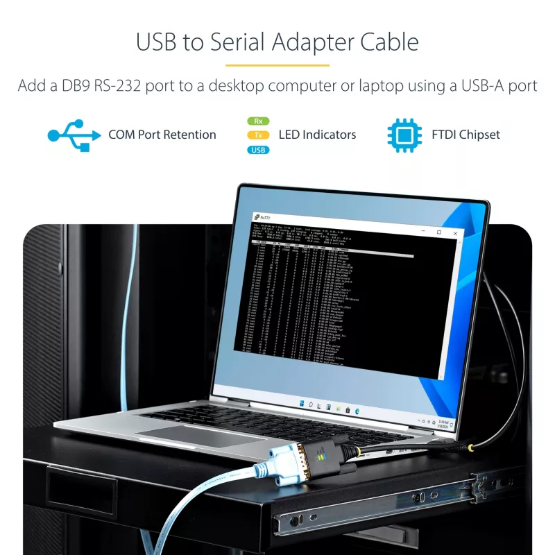 StarTech.com 2 m USB jadaliidese adapterkaabel, COM-i säilitus, vahetatavad kruvid/mutrid, USB-A – DB9 RS232, FTDI IC, ESD-kaitse, Windows/macOS/Linux