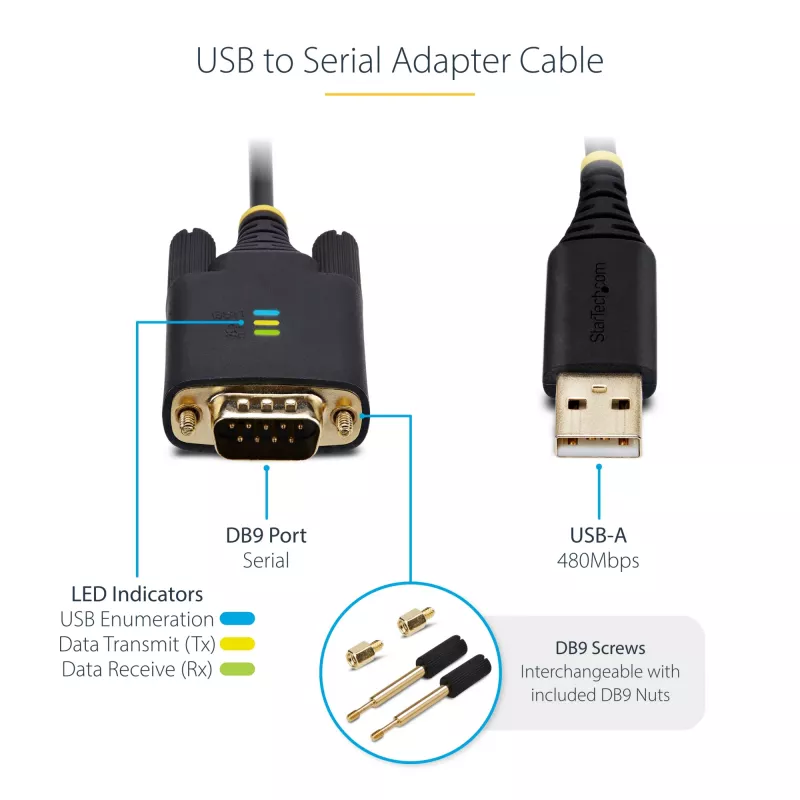 StarTech.com 2 m USB jadaliidese adapterkaabel, COM-i säilitus, vahetatavad kruvid/mutrid, USB-A – DB9 RS232, FTDI IC, ESD-kaitse, Windows/macOS/Linux