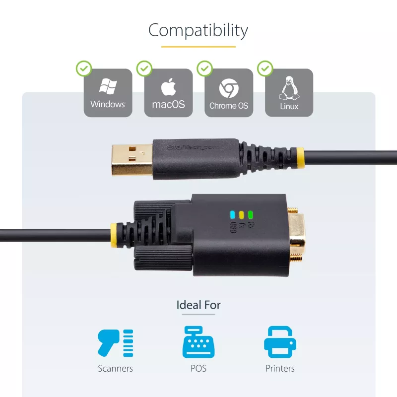 StarTech.com 2 m USB jadaliidese adapterkaabel, COM-i säilitus, vahetatavad kruvid/mutrid, USB-A – DB9 RS232, FTDI IC, ESD-kaitse, Windows/macOS/Linux