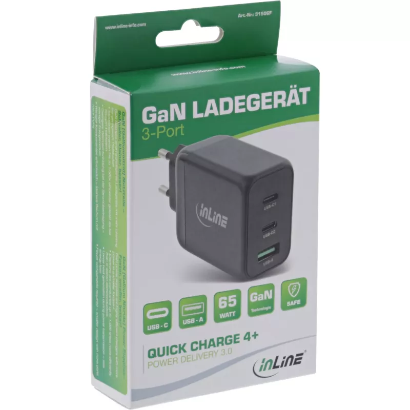 InLine USB PD toiteallikas, GaN laadija, 3 pordiga, kaks USB-C + USB-A, 65 W