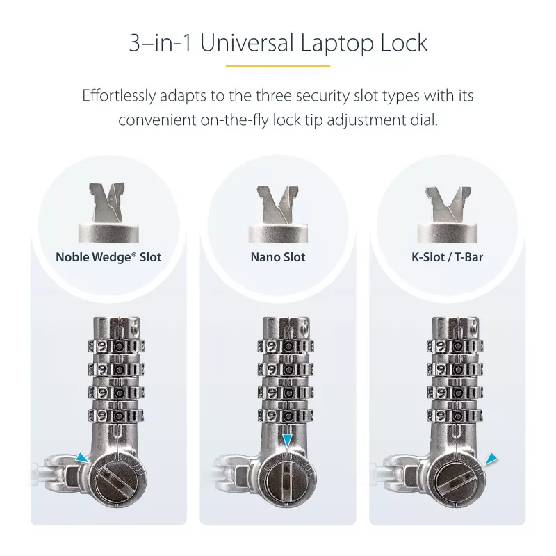 StarTech.com universaalne sülearvuti kaabellukk 6,6 jalga (2 m), seeriaviisiline turvakaabel sülearvutile, ühildub Noble Wedge®/Nano/K-pesaga; võtmeta kombinatsioonkaabel, TAA