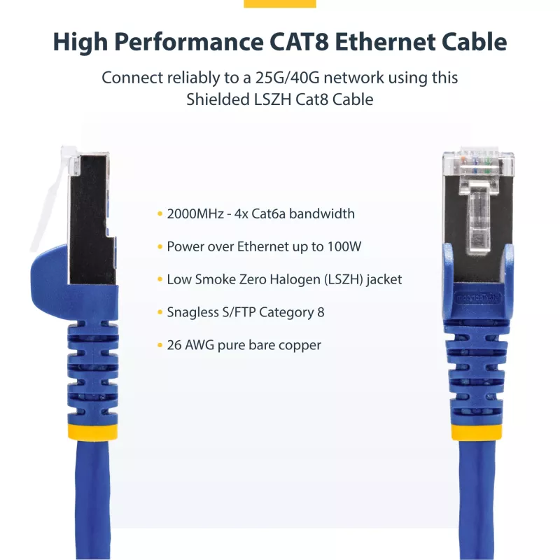 StarTech.com 50 cm sinine CAT8 Etherneti kaabel, tõmbekindlate RJ45-pistikutega, 25G/40G, 2000 MHz, 100 W PoE++, S/FTP, 26 AWG puhas vaskjuhe, LSZH, varjestatud võrgulaiendusjuhe tõmbetugevdustega, individuaalselt testitud