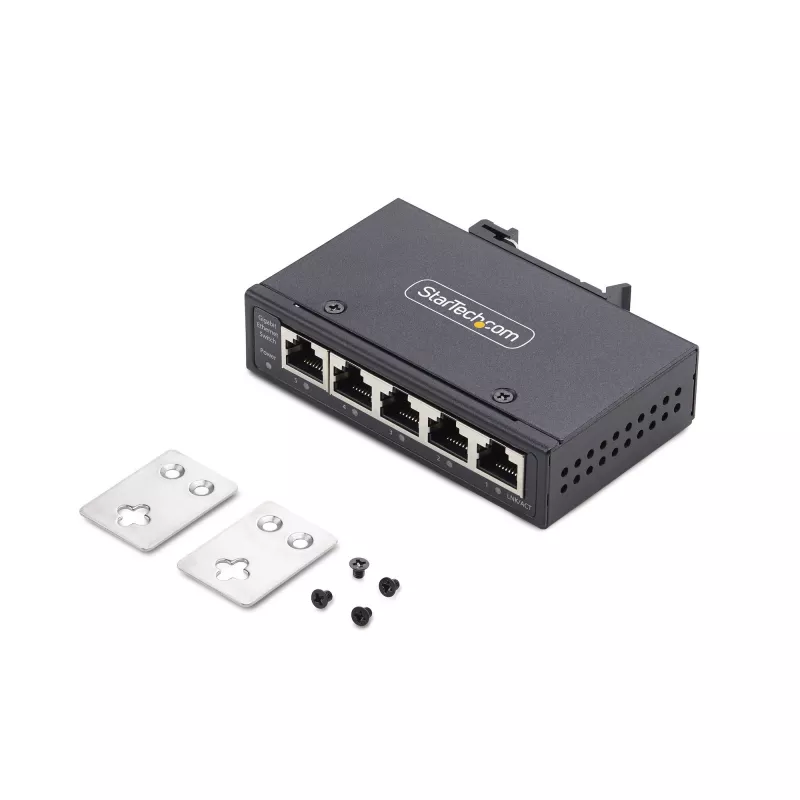 StarTech.com 5-pordine haldamata tööstuslik võrgukommutaator, 100/1000 Ethernet, DIN-liistule/seinale kinnitatav, vastupidav IP30 gigabitine kommutaator, -40°F–167°F, 9–60 V alalisvool, TAA-ga kooskõlas