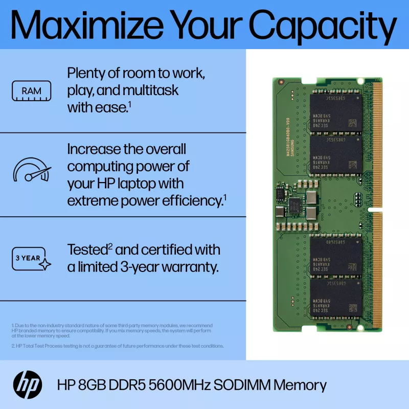 HP 8GB DDR5 5600 SODIMM mälu, 8 GB, 1 x 8 GB, DDR5, 262-kontaktiline SO-DIMM