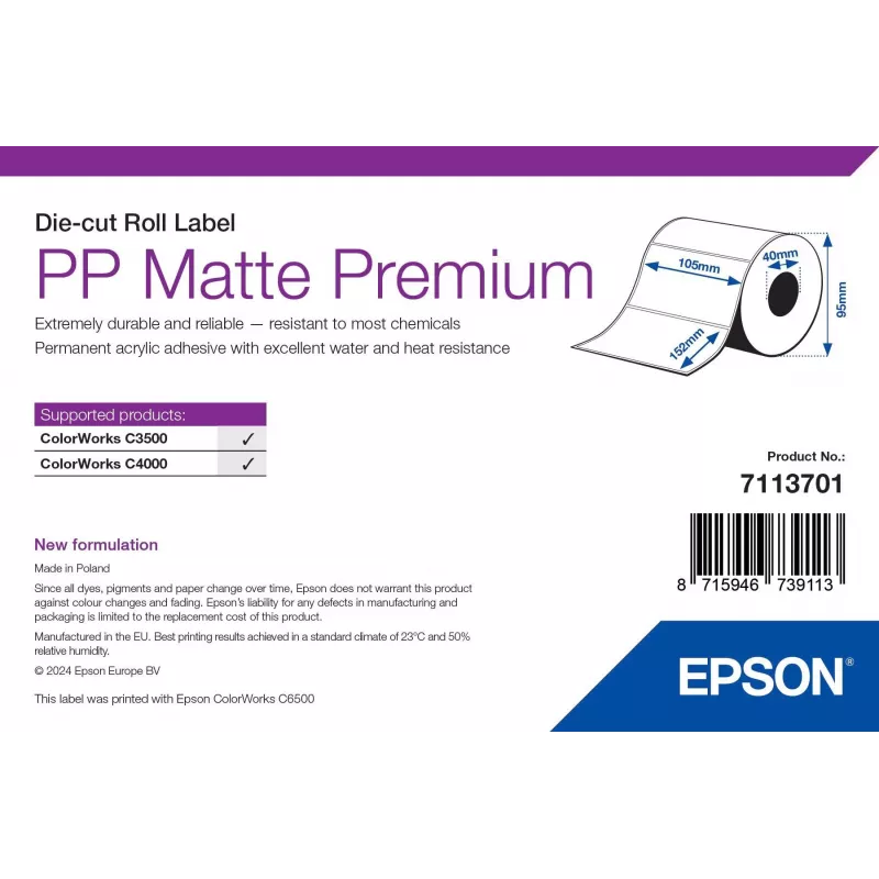 Epson PP Matte Label Premium, stantsitud rull, 105 mm x 152 mm, 185 silti