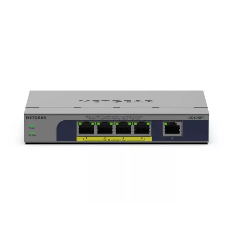 NETGEAR GS105PP Haldamata Gigabit Ethernet (10/100/1000) Power over Ethernet (PoE) Lauaplaadile/Seinale paigaldatav Hall
