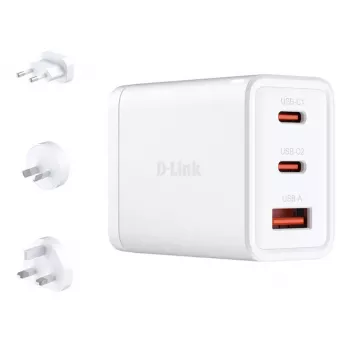 Vahelduvvoolu siselaadur D-Link DCP-651 — 65 W GaN, 2x USB‑C, universaalne ühilduvus, 90–264 V, valge