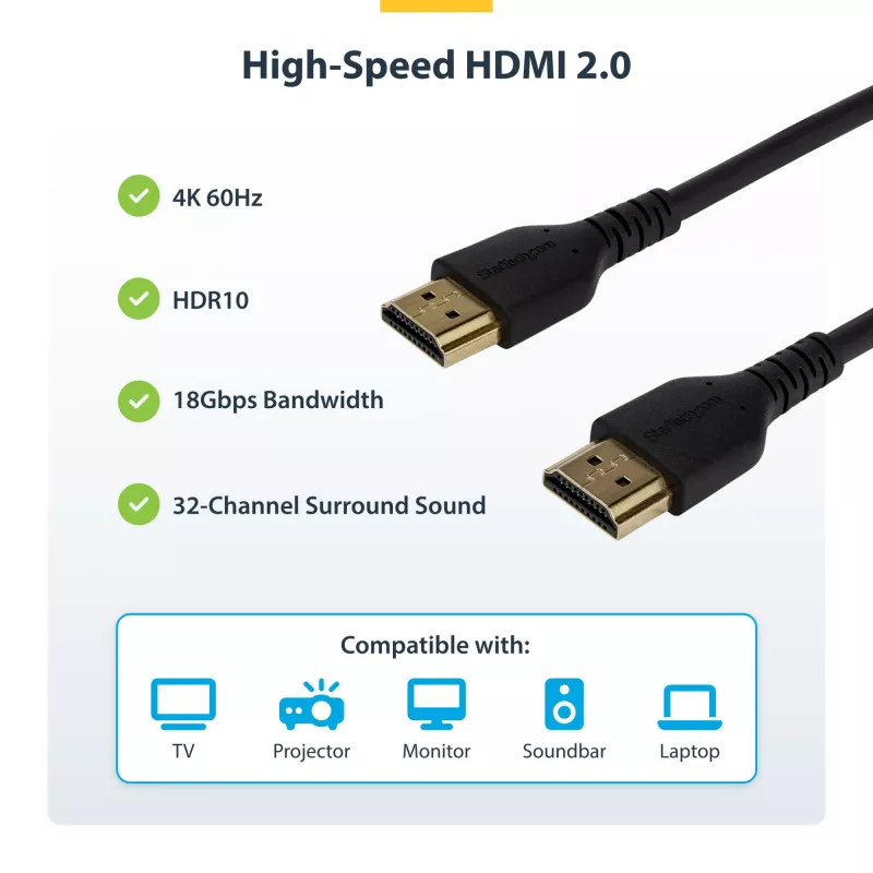 StarTech.com 5 jalga (1,5 m) õhuke HDMI 2.0 kaabel, painduv Premium-sertifitseeritud HDMI-juhe koos Ethernetiga, UHD 4K 60 Hz HDR10, vastupidav aramiidkiust disain TPE-kattega