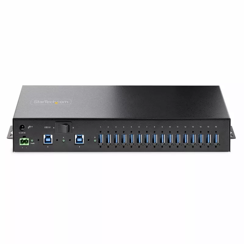 StarTech.com 16-pordiline tööstuslik USB 5Gbps jaotur toiteadapteriga, metallkorpus, paigaldatav, ESD-kaitse, klemmiploki toide, USB-laadimine, kahe hosti lüliti - TAA