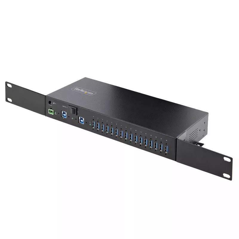 StarTech.com 16-pordiline tööstuslik USB 5Gbps jaotur toiteadapteriga, metallkorpus, paigaldatav, ESD-kaitse, klemmiploki toide, USB-laadimine, kahe hosti lüliti - TAA