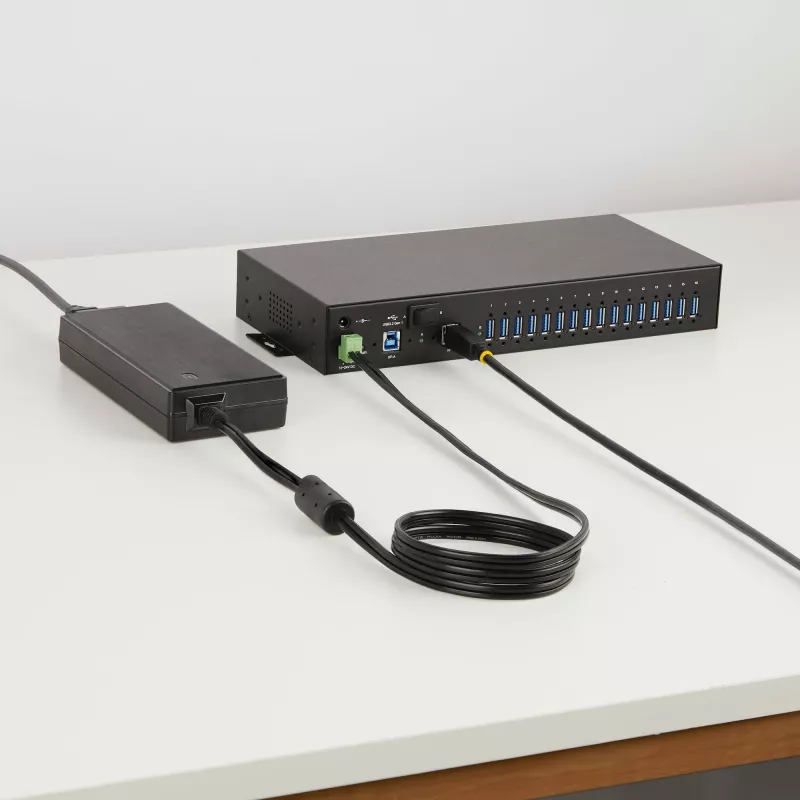 StarTech.com 16-pordiline tööstuslik USB 5Gbps jaotur toiteadapteriga, metallkorpus, paigaldatav, ESD-kaitse, klemmiploki toide, USB-laadimine, kahe hosti lüliti - TAA
