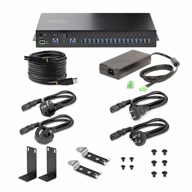 StarTech.com 16-pordiline tööstuslik USB 5Gbps jaotur toiteadapteriga, metallkorpus, paigaldatav, ESD-kaitse, klemmiploki toide, USB-laadimine, kahe hosti lüliti - TAA