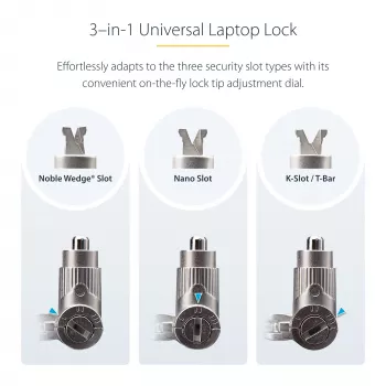 StarTech.com 3-in-1 Universal Laptop Lock 6.6ft (2m), Master Keyed Locking kaabel, Computer Security, Ühilduv w/Noble Wedge®/Nano/K-Slot; Anti-Theft Cut-Resistant kaabel