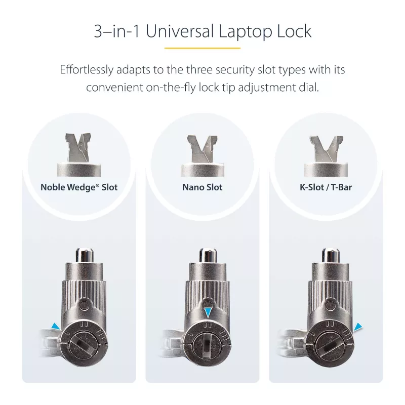 StarTech.com 3-in-1 Universal Laptop Lock 6.6ft (2m), Master Keyed Locking kaabel, Computer Security, Ühilduv w/Noble Wedge®/Nano/K-Slot; Anti-Theft Cut-Resistant kaabel