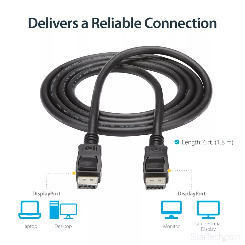 StarTech.com 6ft (2m) DisplayPort 1.2 kaabel - 4K x 2K Ultra HD VESA sertifitseeritud DisplayPort kaabel - DP-DP kaabel monitorile - DP video-/kuvarikaabel - lukustuvad DP-pistikud