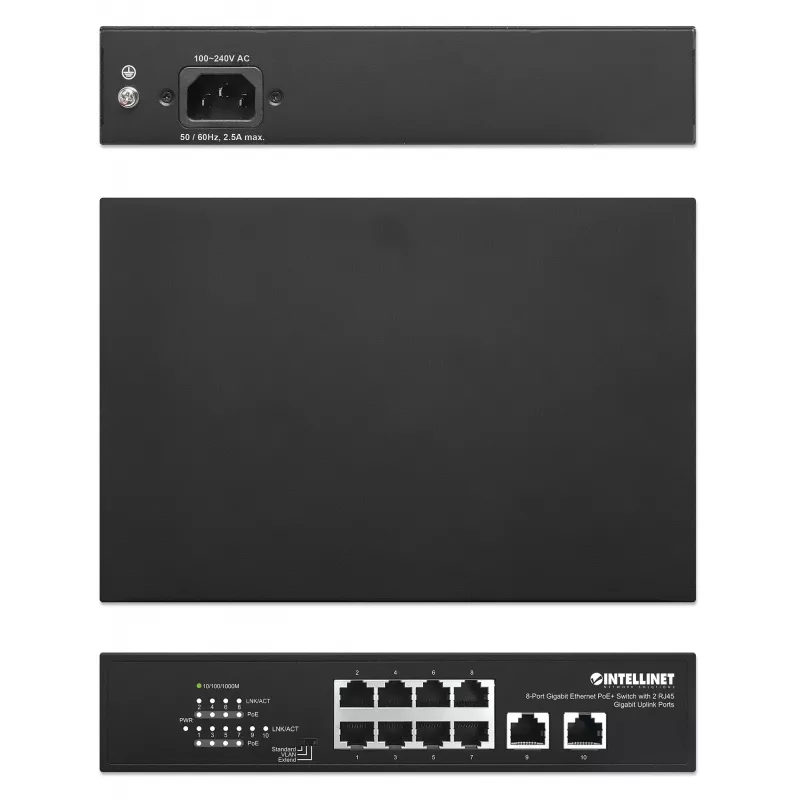 Intellinet 8-pordiline Gigabit Ethernet PoE+ lüliti 120 W, 2 üleslingiporti
