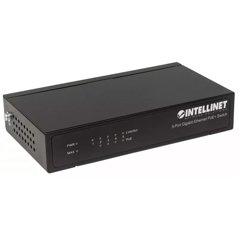 Intellinet 5-pordiline Gigabit Ethernet PoE+ lüliti, 4 x PSE-porti, IEEE 802.3at/af toitega Etherneti (PoE+/PoE) -ühilduv, 60 W, lauaarvuti
