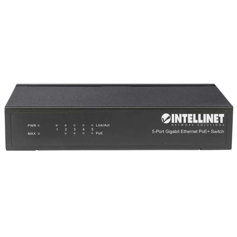 Intellinet 5-pordiline Gigabit Ethernet PoE+ lüliti, 4 x PSE-porti, IEEE 802.3at/af toitega Etherneti (PoE+/PoE) -ühilduv, 60 W, lauaarvuti