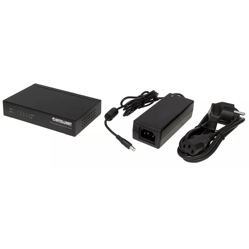 Intellinet 5-pordiline Gigabit Ethernet PoE+ lüliti, 4 x PSE-porti, IEEE 802.3at/af toitega Etherneti (PoE+/PoE) -ühilduv, 60 W, lauaarvuti