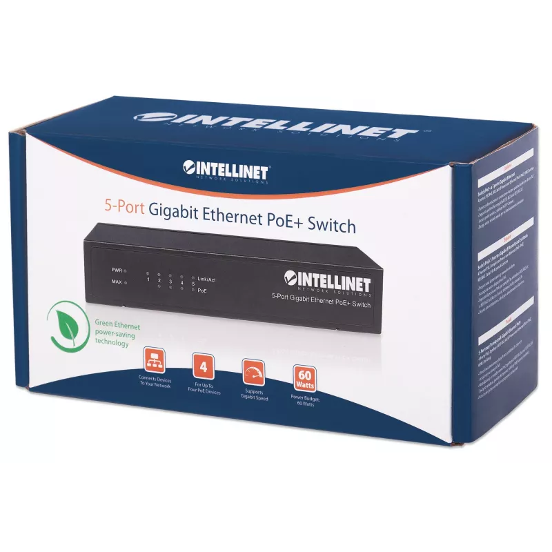 Intellinet 5-pordiline Gigabit Ethernet PoE+ lüliti, 4 x PSE-porti, IEEE 802.3at/af toitega Etherneti (PoE+/PoE) -ühilduv, 60 W, lauaarvuti