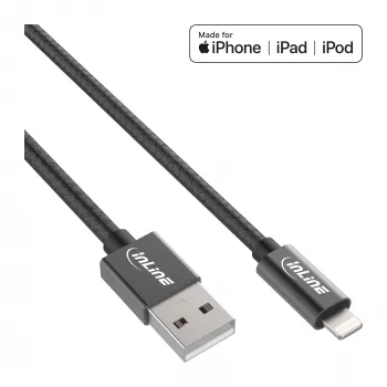 InLine Lightning USB-kaabel, iPadile, iPhone'ile, iPodile, must/hõbedane, 2m MFi-sertifitseeritud