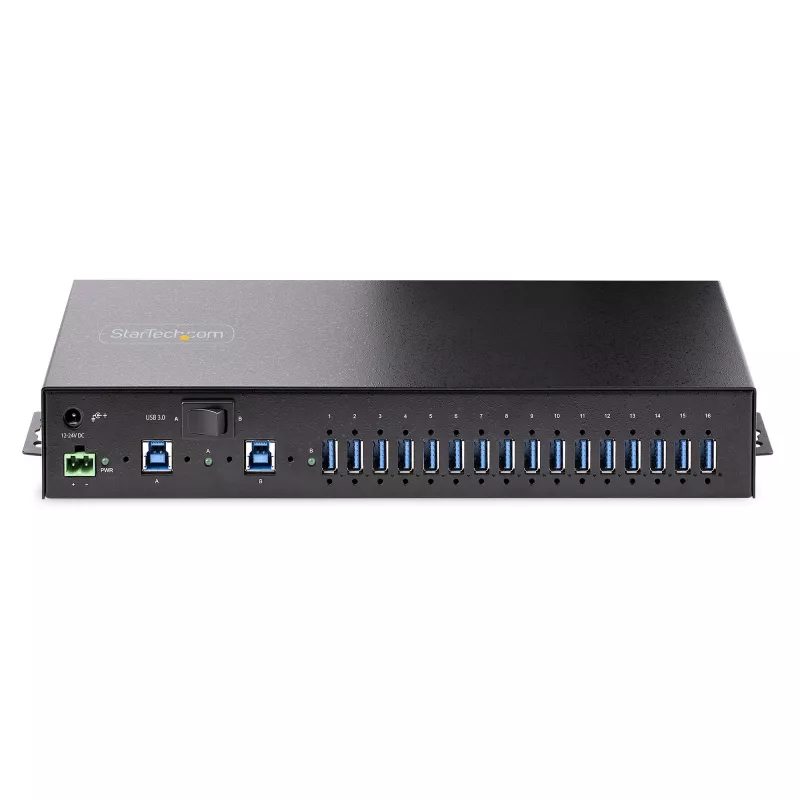 StarTech.com 16-pordiline tööstuslik USB 3.0 jaotur 5 Gbps, metallist, DIN-/pinna-/raami külge kinnitatav, ESD-kaitse, klemmiploki toide, kuni 120 W jagatud USB-laadimine, kahe hostiga jaotur/lüliti