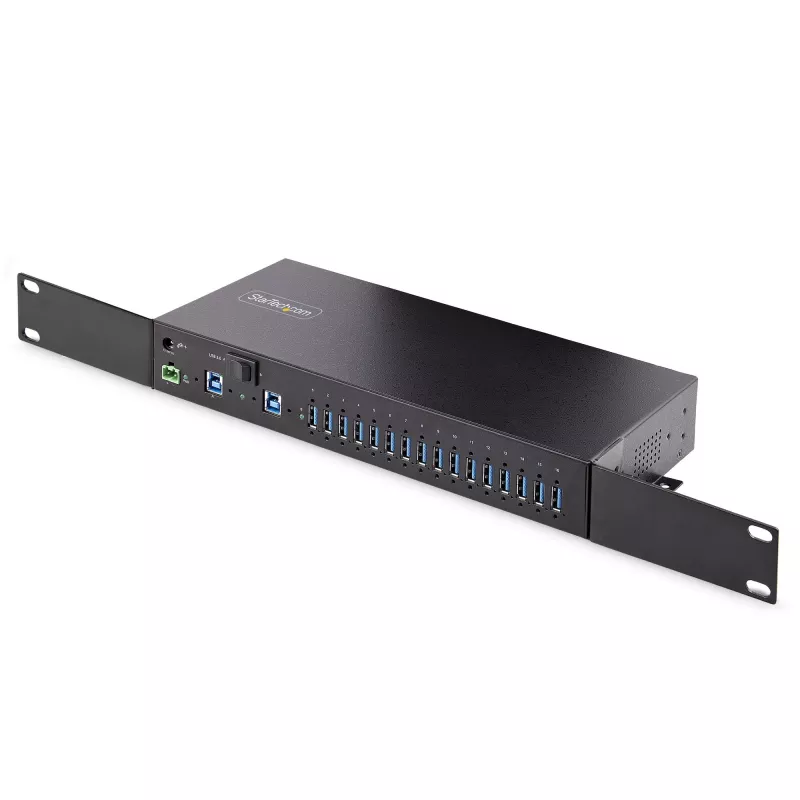 StarTech.com 16-pordiline tööstuslik USB 3.0 jaotur 5 Gbps, metallist, DIN-/pinna-/raami külge kinnitatav, ESD-kaitse, klemmiploki toide, kuni 120 W jagatud USB-laadimine, kahe hostiga jaotur/lüliti