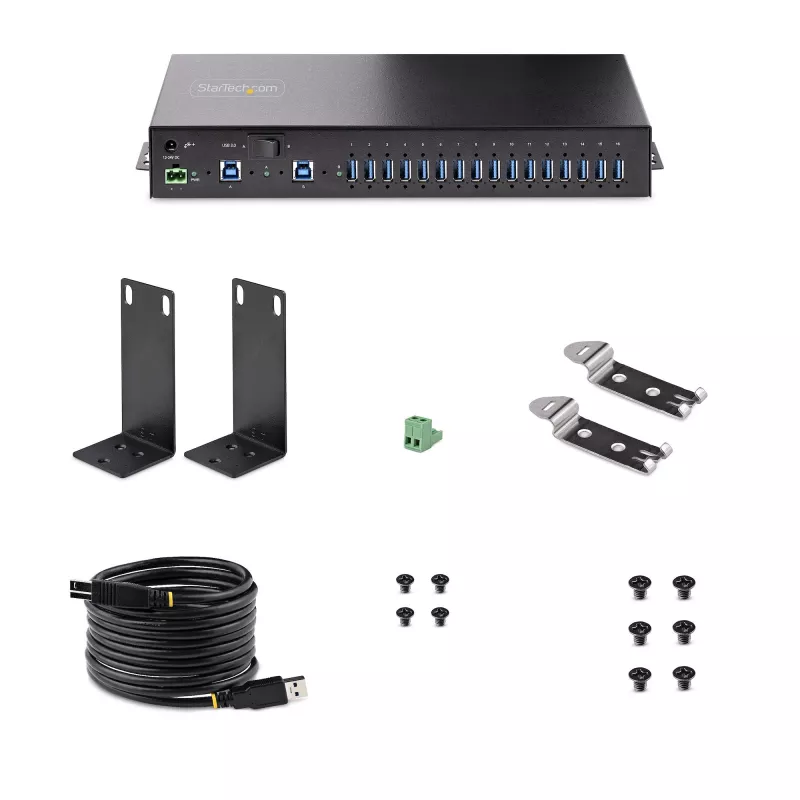 StarTech.com 16-pordiline tööstuslik USB 3.0 jaotur 5 Gbps, metallist, DIN-/pinna-/raami külge kinnitatav, ESD-kaitse, klemmiploki toide, kuni 120 W jagatud USB-laadimine, kahe hostiga jaotur/lüliti