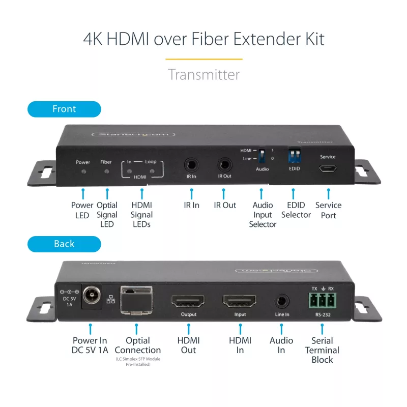 StarTech.com 4K HDMI üle fiiberoptika pikenduskomplekt, 4K 60Hz kuni 3300 jalga/1 km (ühemoodiline) või 1000 jalga/300 m (mitmemoodiline) LC fiiberoptika, HDR, HDCP, 3,5 mm heli/RS232/IR pikendus, saatja ja vastuvõtja komplekt