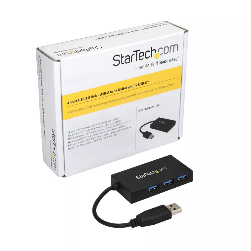StarTech.com 4-pordiline USB 3.0 jaotur – USB Type-A jaotur 1x USB-C ja 3x USB-A pordiga (SuperSpeed 5 Gbps) – USB-siinitoide – USB 3.2 Gen 1 adapterjaotur – kaasaskantav/sülearvuti USB-jaotur
