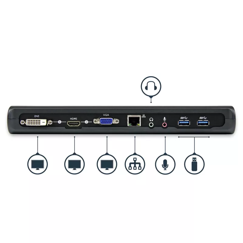StarTech.com kahe monitoriga USB 3.0 dokkimisjaam HDMI ja DVI/VGA-ga~Kahe monitoriga USB 3.0 sülearvuti dokkimisjaam HDMI/DVI/VGA-ga, 3x USB-A jaotur, GbE, heli, universaalne A-tüüpi dokk Windows/macOS/ChromeOS jaoks - TAA nõuetele vastav