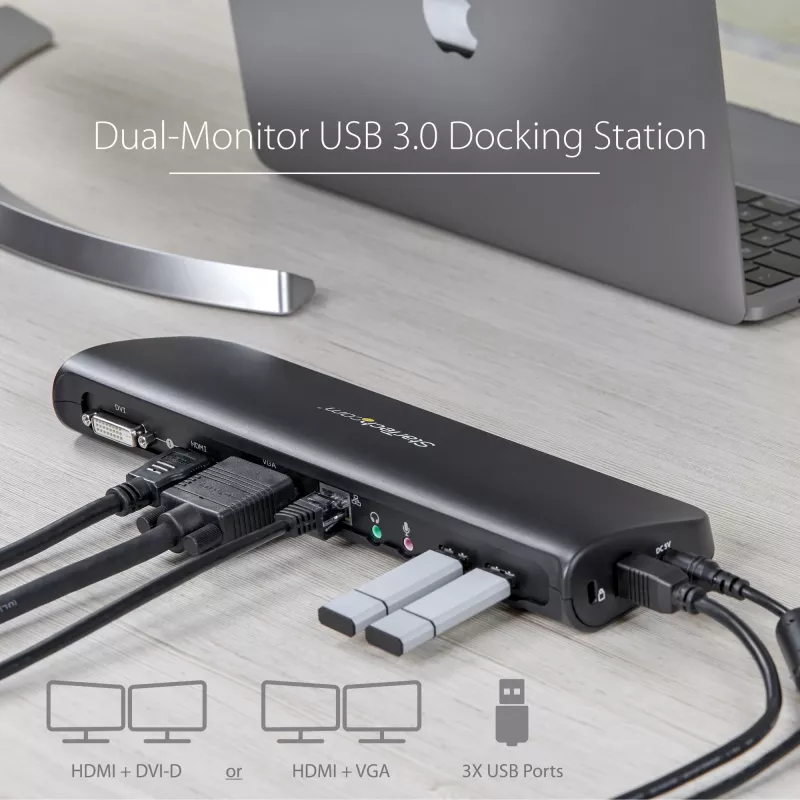 StarTech.com kahe monitoriga USB 3.0 dokkimisjaam HDMI ja DVI/VGA-ga~Kahe monitoriga USB 3.0 sülearvuti dokkimisjaam HDMI/DVI/VGA-ga, 3x USB-A jaotur, GbE, heli, universaalne A-tüüpi dokk Windows/macOS/ChromeOS jaoks - TAA nõuetele vastav