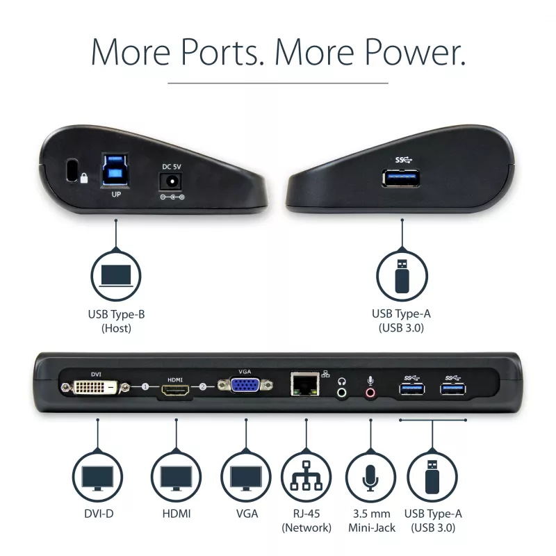 StarTech.com kahe monitoriga USB 3.0 dokkimisjaam HDMI ja DVI/VGA-ga~Kahe monitoriga USB 3.0 sülearvuti dokkimisjaam HDMI/DVI/VGA-ga, 3x USB-A jaotur, GbE, heli, universaalne A-tüüpi dokk Windows/macOS/ChromeOS jaoks - TAA nõuetele vastav