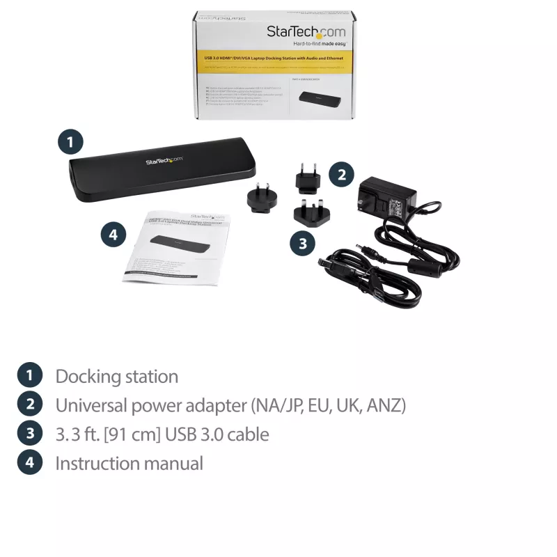 StarTech.com kahe monitoriga USB 3.0 dokkimisjaam HDMI ja DVI/VGA-ga~Kahe monitoriga USB 3.0 sülearvuti dokkimisjaam HDMI/DVI/VGA-ga, 3x USB-A jaotur, GbE, heli, universaalne A-tüüpi dokk Windows/macOS/ChromeOS jaoks - TAA nõuetele vastav