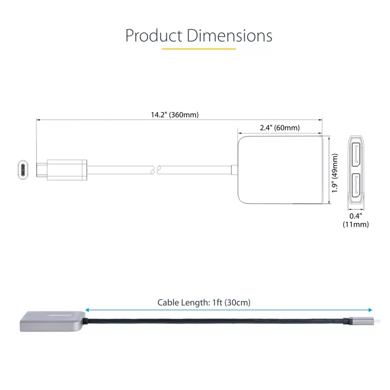 StarTech.com USB-C–kahekordse DisplayPort 1.4 adapteriga, USB USB-C mitme monitori MST-jaotur, kahe 5K 60 Hz DP sülearvutiekraani laiendaja/jagaja, HDR, eriti pikk sisseehitatud kaabel – ainult Windows