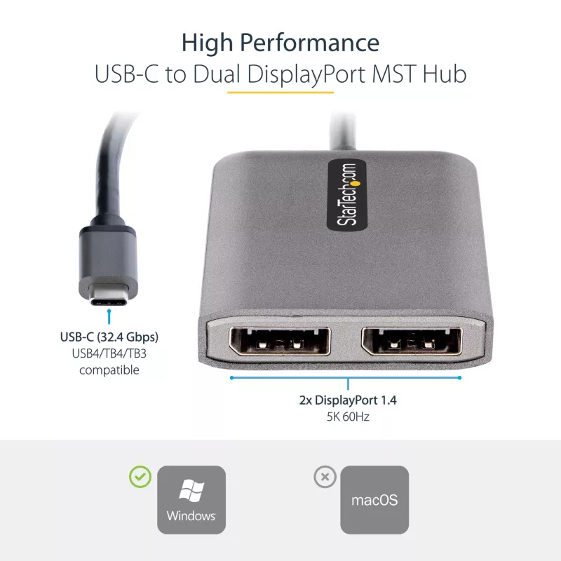 StarTech.com USB-C–kahekordse DisplayPort 1.4 adapteriga, USB USB-C mitme monitori MST-jaotur, kahe 5K 60 Hz DP sülearvutiekraani laiendaja/jagaja, HDR, eriti pikk sisseehitatud kaabel – ainult Windows