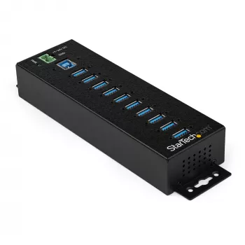StarTech.com 10-pordiline USB 3.0 jaotur toiteadapteriga – tööstuslik metallist USB-A jaotur ESD ja 350 W liigpingekaitsega – DIN/seina/lauale kinnitatav – kiire USB 3.2 Gen 1 (5 Gbps) jaotur