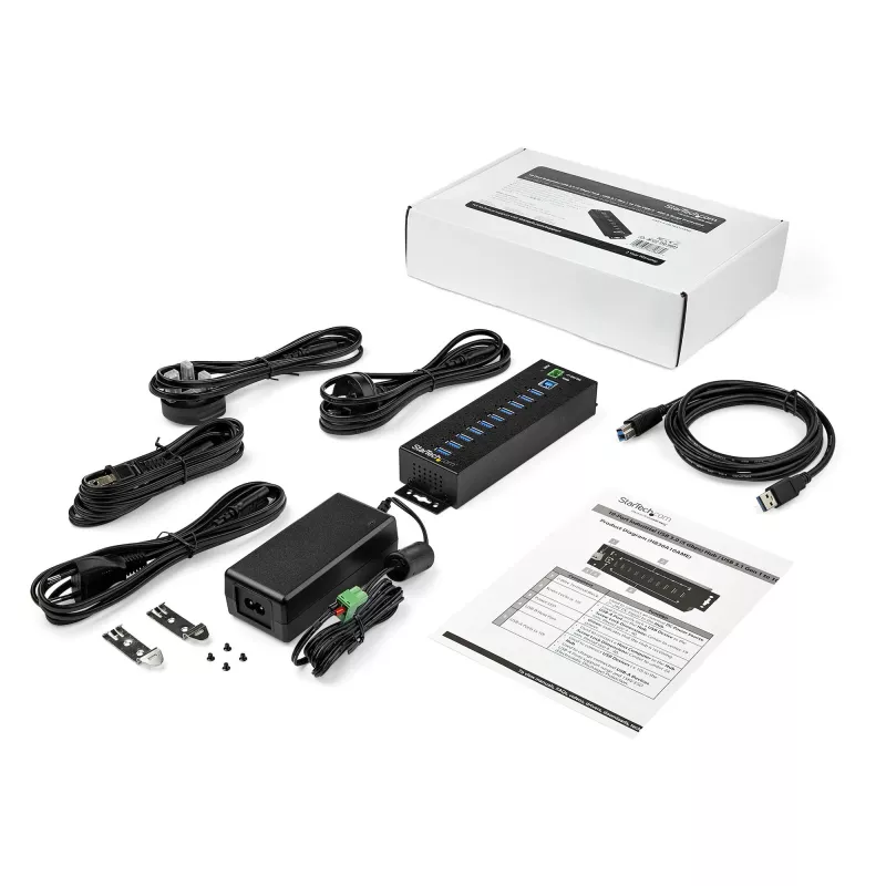 StarTech.com 10-pordiline USB 3.0 jaotur toiteadapteriga – tööstuslik metallist USB-A jaotur ESD ja 350 W liigpingekaitsega – DIN/seina/lauale kinnitatav – kiire USB 3.2 Gen 1 (5 Gbps) jaotur
