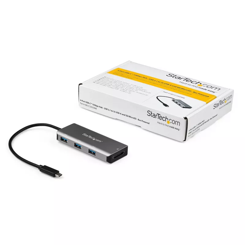 StarTech.com 3 pordiga 10 Gbps USB-C jaotur SD-kaardilugejaga – 3x USB-A ja 1x SD-pesa – kaasaskantav USB 3.1/3.2 Gen 2 USB-C adapterjaotur – sülearvutijaotur – USB-siini toide – Thunderbolt 3 ühilduv