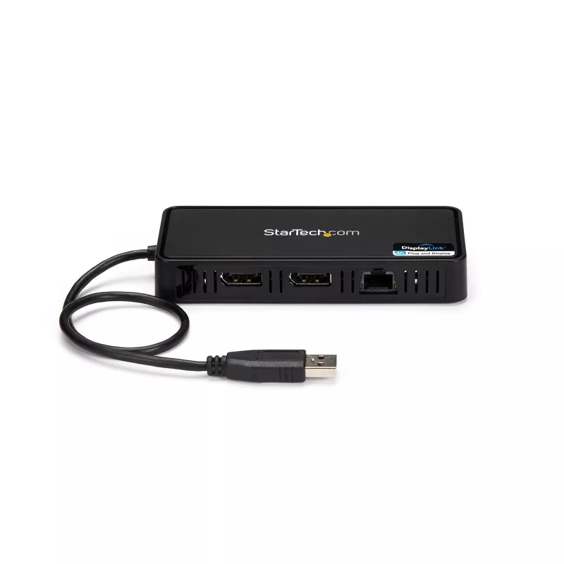 StarTech.com USB 3.0 Mini dokk - Kahe monitoriga USB-A dokkimisjaam DisplayPort 4K 60Hz video ja Gigabit Ethernetiga - 1 jala (30 cm) kaabel - Kaasaskantav USB 3.1 Gen 1 Type-A sülearvuti adapter